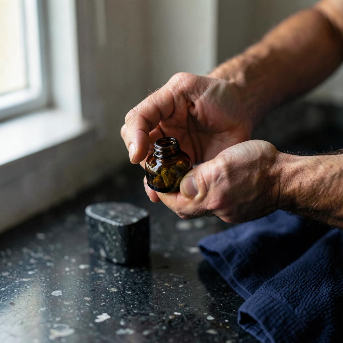 Adult opening an amber supplement bottle as part of a morning routine